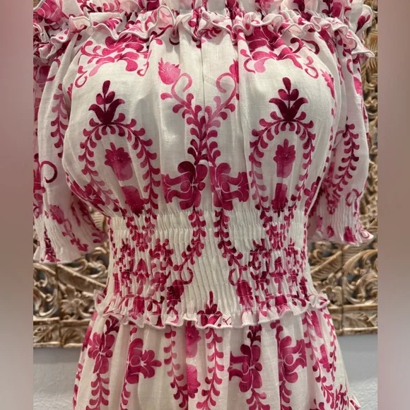 Luisa Positano Giorgio Mini Dress White & Pink Linen Amalfi Coast Italy Inspired - Picture 6 of 16